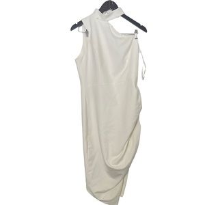 Lavish Alice White Cut Out Sleeveless Button Detail Mock Neck Asymmetric Dress